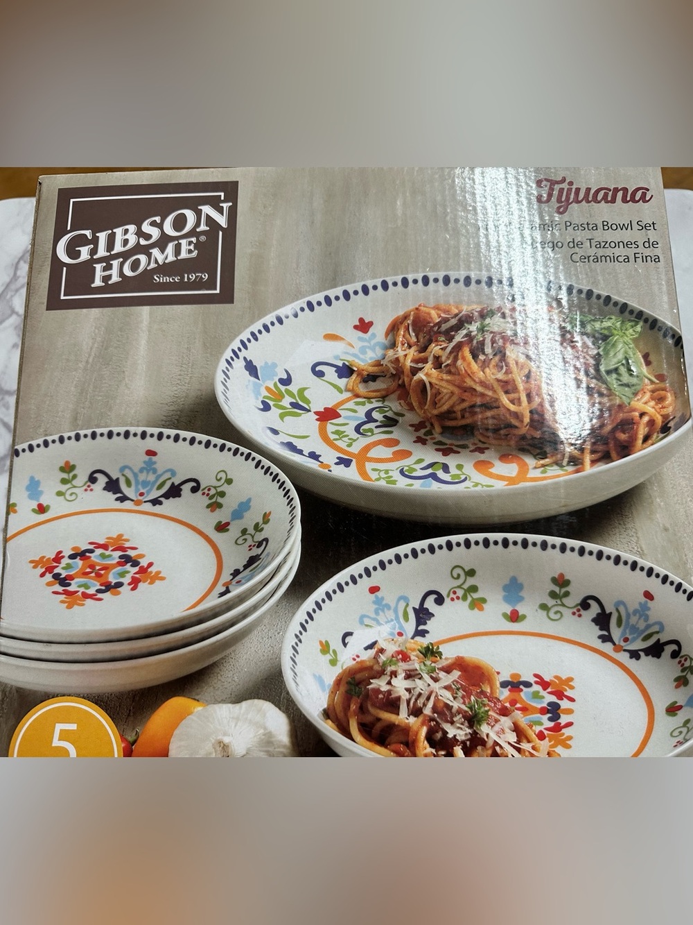 Gibson Multicolor Floral Ceramic Pasta Bowls - Blue, Orange, Green Accents